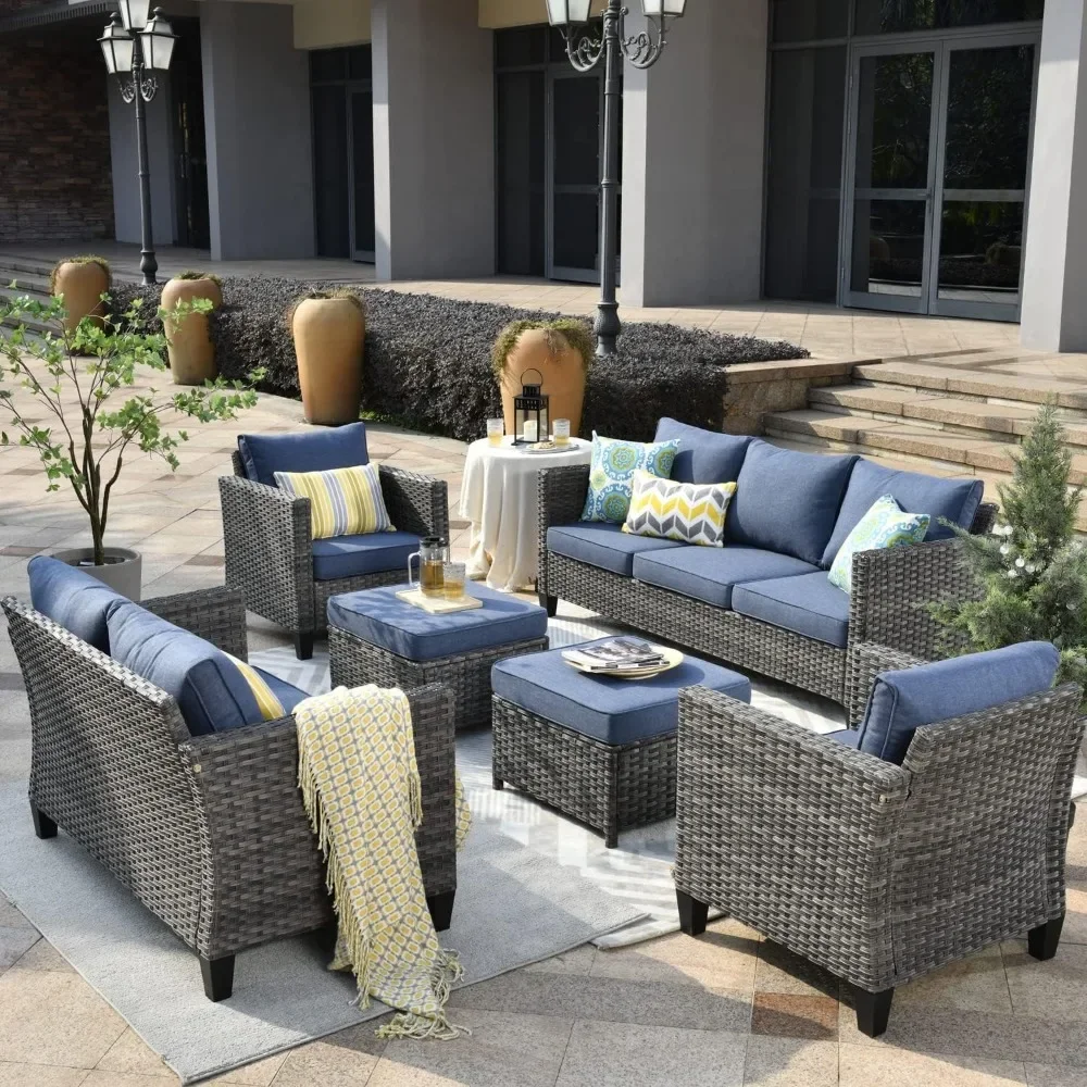 6 Pieces Outdoor Wicker Rattan Sofa Couch with Loveseat, Ottomans and Comfy Cushions, Garden Furniture Sets