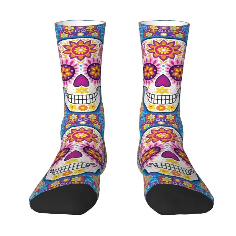 Fun Printed Mexican Flowers Sugar Skull Socks for Men Women Stretchy Summer Autumn Winter Halloween Day Of The Dead Crazy Socks