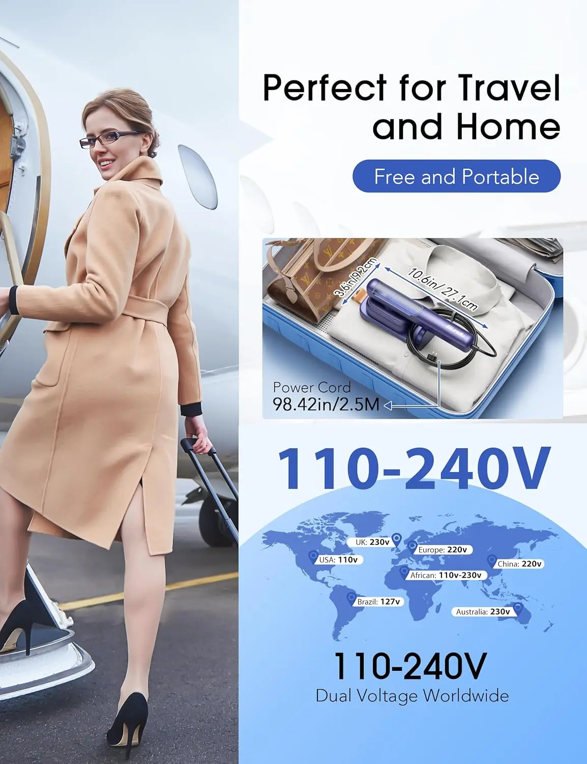 مكواة بخار للملابس 2 في 1 محمولة، جهد مزدوج 110-240 فولت، 1100 وات، باخرة صغيرة محمولة للسفر مع لوحة حرارية من السيراميك للمنزل