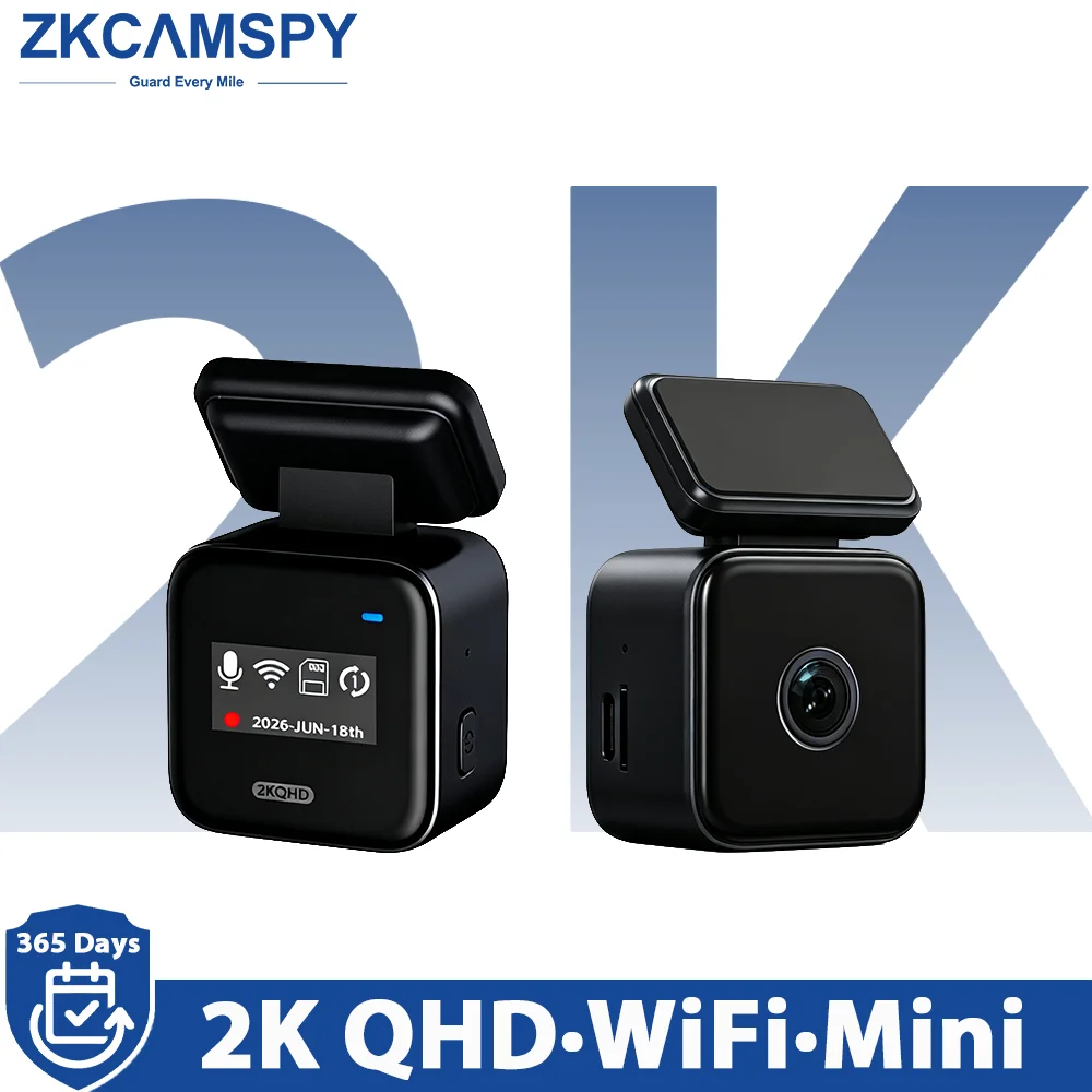 Mini caméra embarquée ZKCAMSPY 2K, petite caméra de tableau de bord avec contrôle WiFi via application, vision nocturne, enregistrement en boucle 24h/24, capteur G, enregistreur vidéo, dashcam