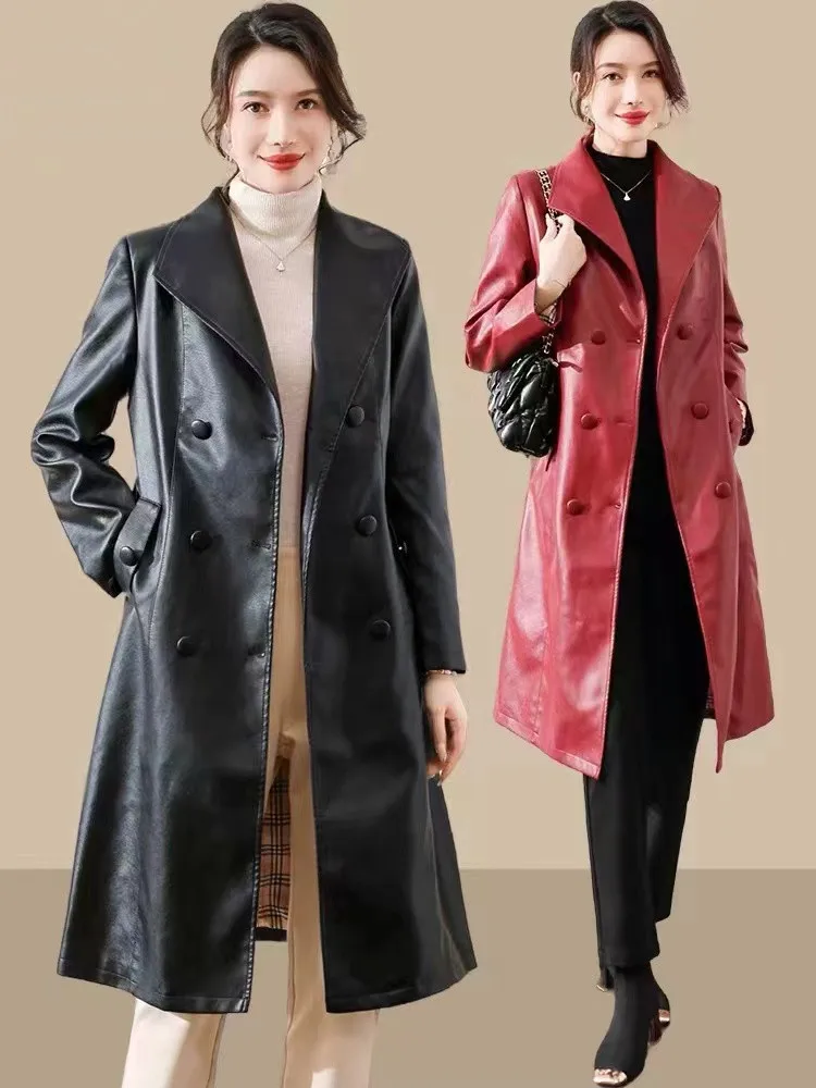 New women\'s trench coat for autumn/winter 2024 in Haining, China, made of genuine leather, women\'s long length, knee over sheeps