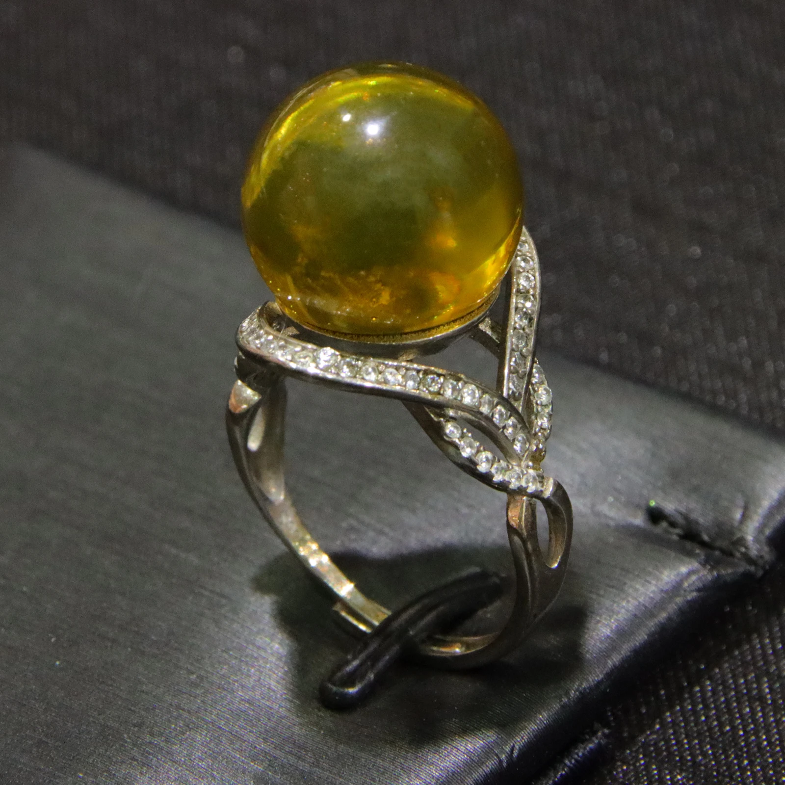 

14.5mm Natural Blue Amber Ring Sterling Silver Adjustable with White Zircon Stones Twisted Floral Design Gift for Her Jewelry