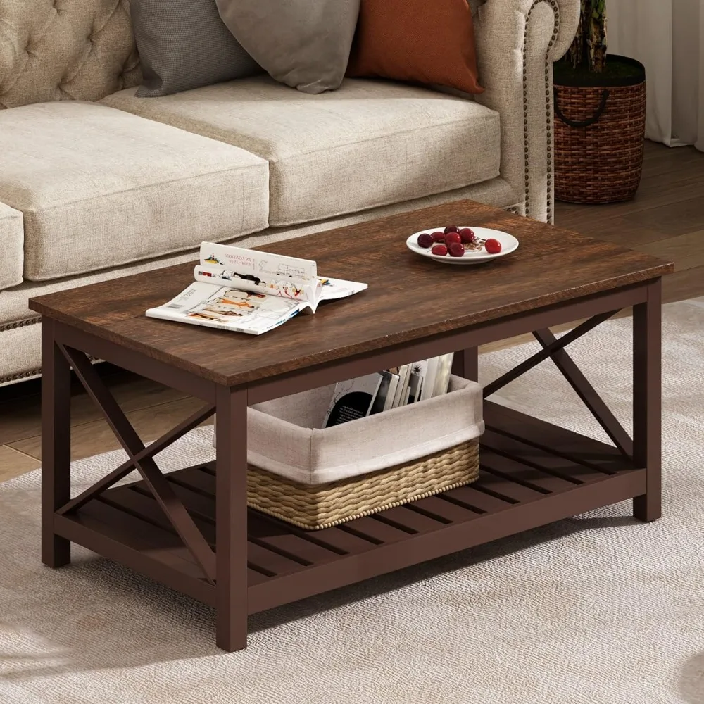 Coffee Table, Rustic Vintage Farmhouse Living Room Table with Shelf