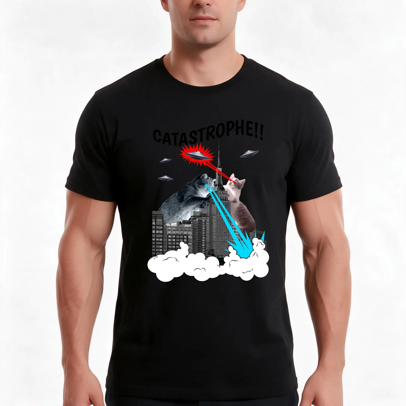 Catastrophe - Funny Giant Cats T-Shirt Summer Casual Cotton Tee Oversized Streetwear Tops Vintage Graphic Print 100% Cotton