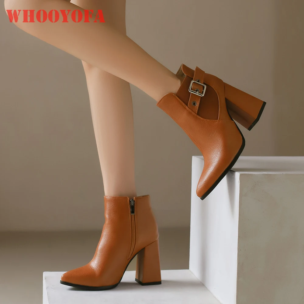 

2025 Зимние женские ботильоны коричневого и черного цвета для взрослых, милые офисные женские туфли на высоком квадратном каблуке 4 дюйма, большой размер 33, 43 45, 50