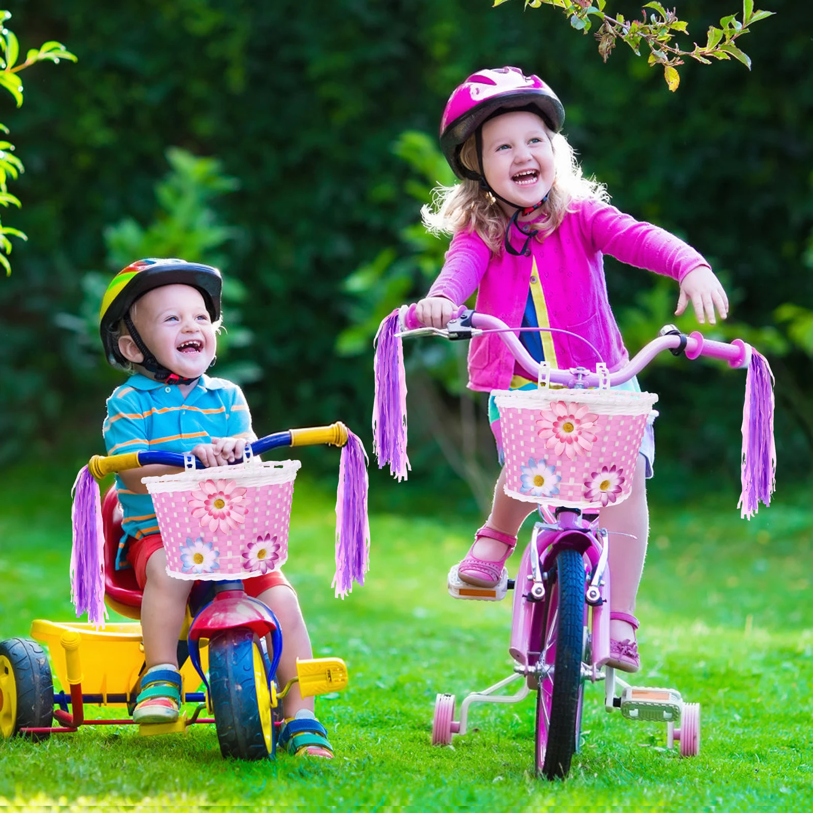 

Children Bicycle Basket Pink Flowers Handmade Storage Baskets Front Handlebar Cycling Accessories Kids Toy Cup Scooter Bug