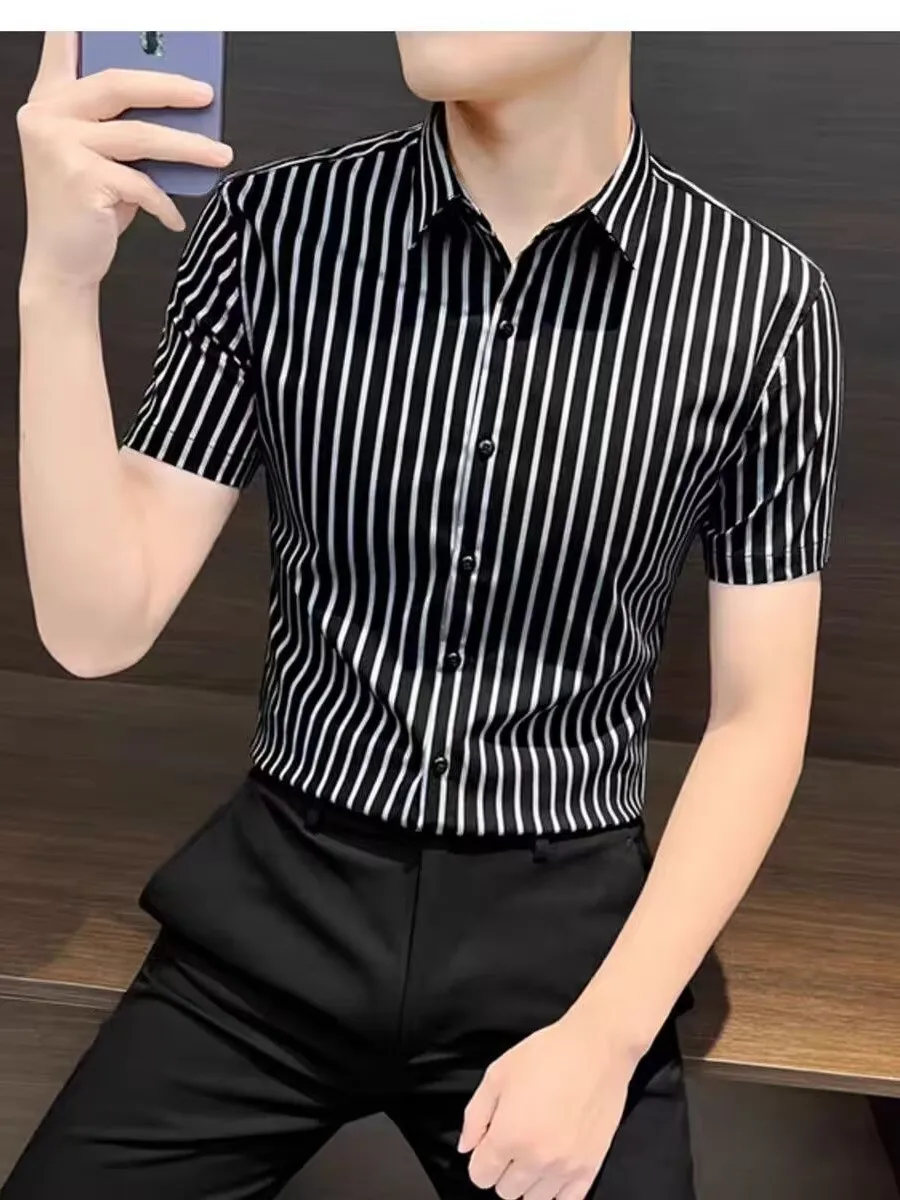 

Summer New Men's ort Sve Striped irt Korean Version Slimming Trendy Busin Iron-Free Anti-Wrinkle Ice Silk Elastic S...
