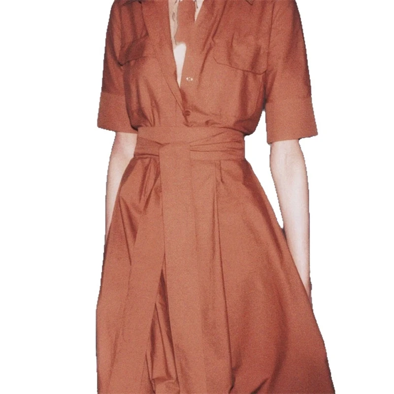 Moda estiva elegante camicia stile maniche corte moda con tasca risvolto abito longuette monopetto pieghettato per le donne