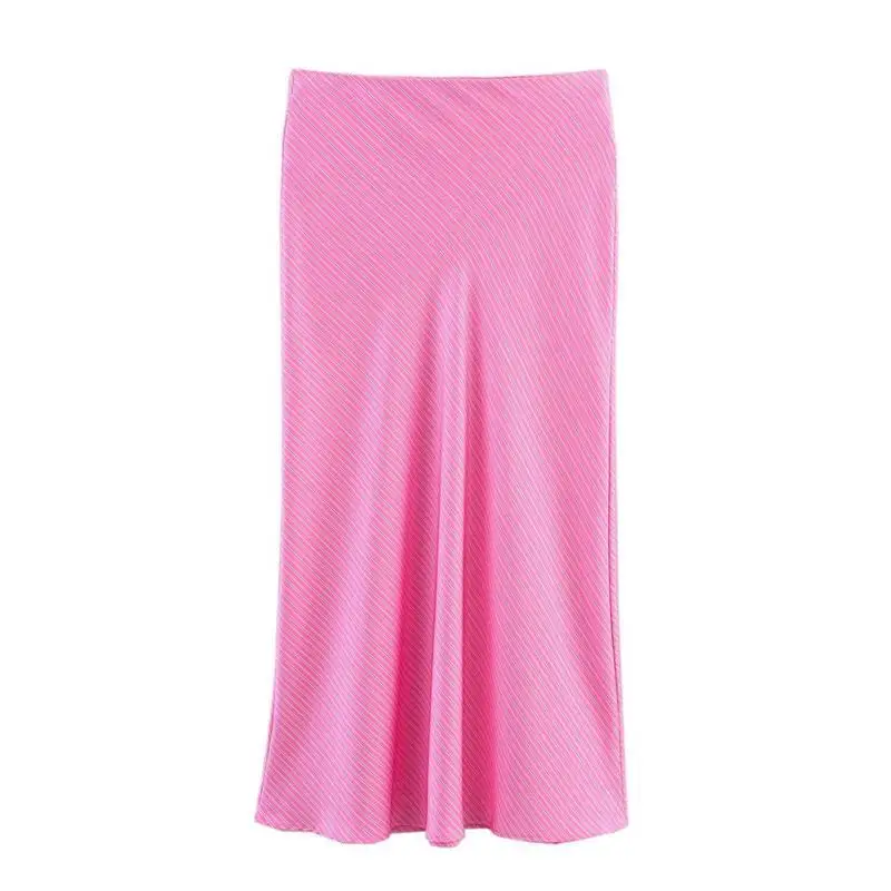 

Cross-Border Summer Faion Striped Silk Satin Midi Skirt Women's F6438 Ele Quali Feel Fem Clothing f-length Sk...