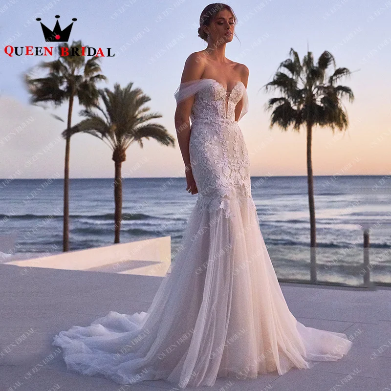 Eleganckie koronkowe suknie ślubne z aplikacjami 2024 Mermaid Off Shoulder Sweetheart Plus Size Suknie ślubne Robe De Mariée Custom Y42H