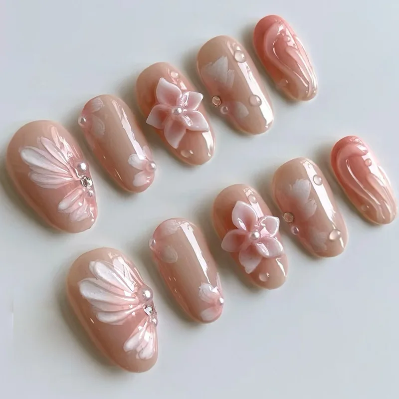 24Pcs Gradient Polka Dot Design Full Cover Fake Nail Tips Wearable Almond False Nails Tomato Star Pattern Short Press on Nails