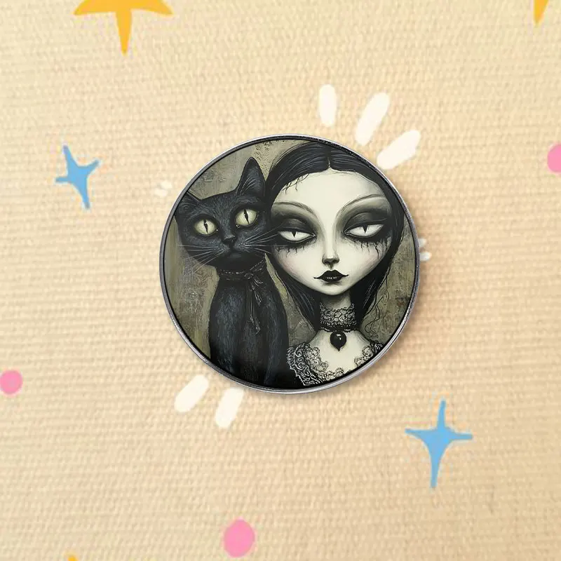 Gothic Dark Girl With Black Cat UV Printing Badge Dark Art Style Lapel Pin For Backpack Clothing Fashion Witchy Gift