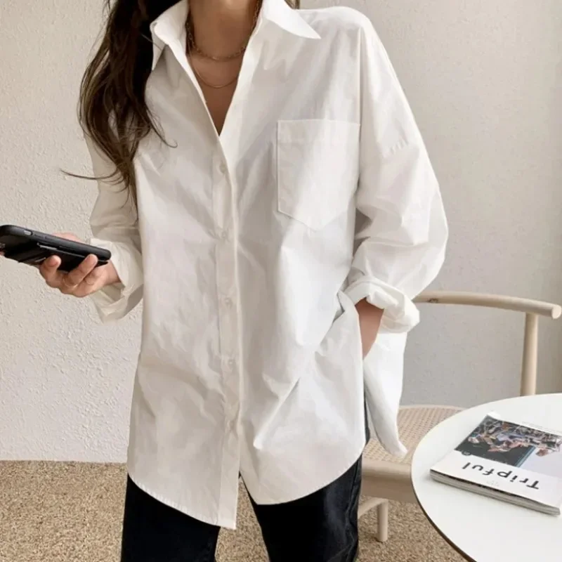 Office Lady Elegant White Casual Loose Blouses White long-sleeved shirt women Turndown Collar Tops shirt sense of minority top
