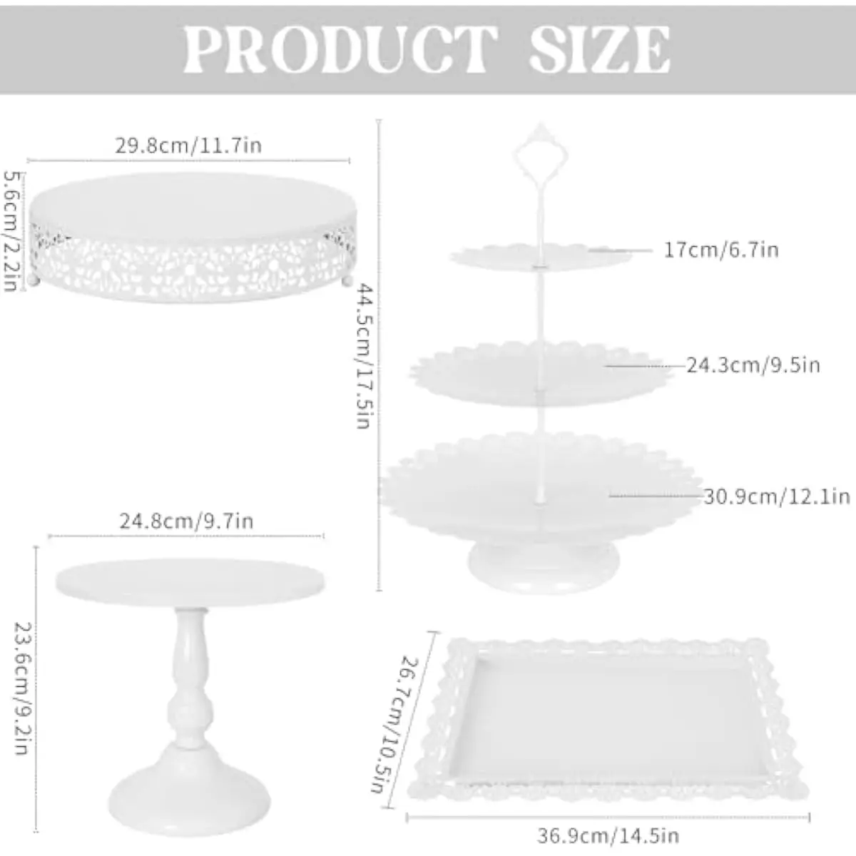 8-Piece Polished Metal Dessert Display Set Featuring 2 Triple-Tier Cupcake Towers 4 Rectangular Serving Trays 1 Lace-Edged Round