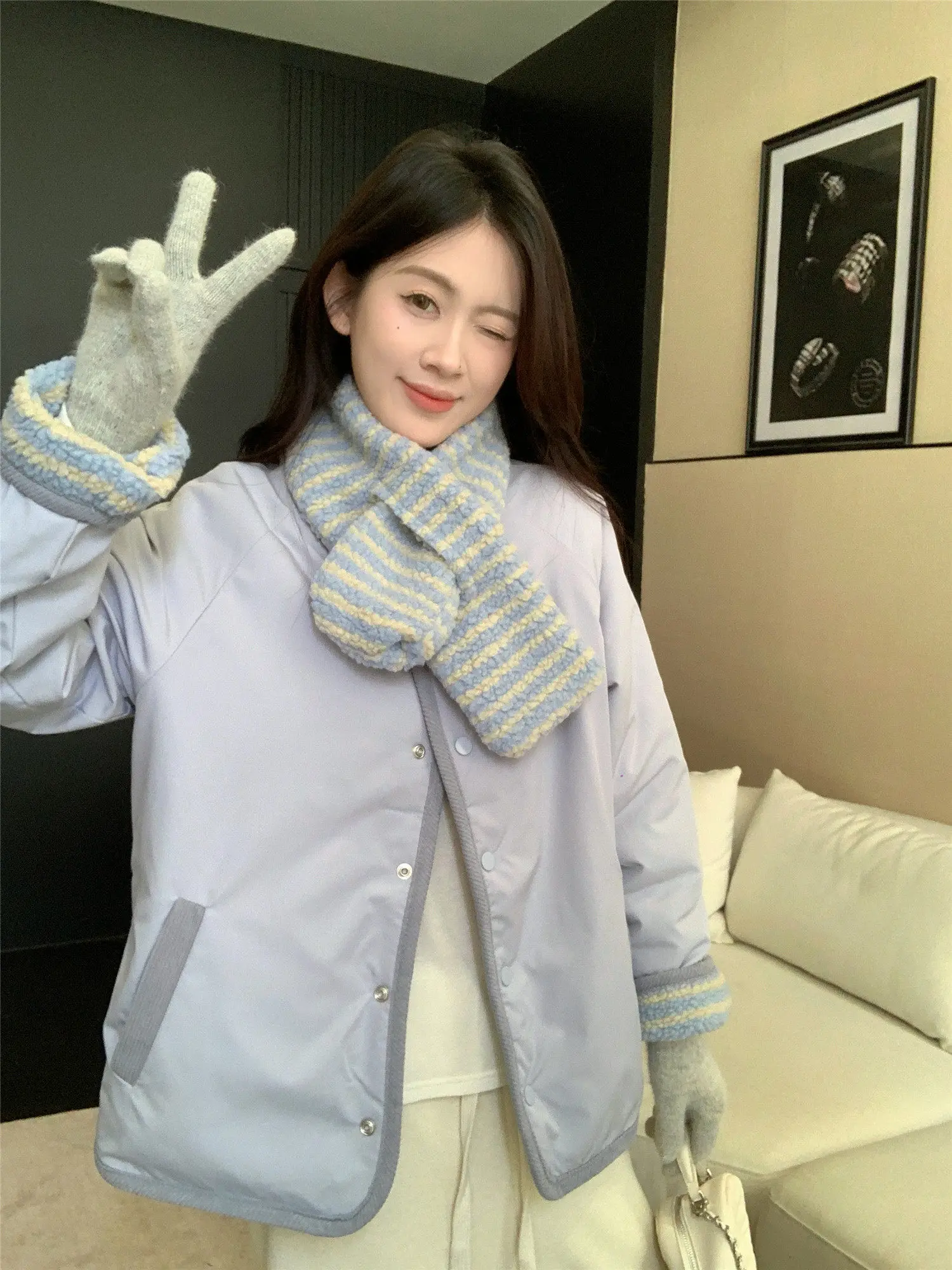 Korean Sweet Two Side Wear Padded Jacket Women Fleece Lined Thick Warm Parkas Woman Lazy Style Stripe Scarf Winter Jackets