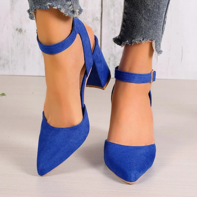 

Woman Sandals High Heels Pointed Toe Shoes 2024 Trend Summer New Fashion Suede Chunky Shallow Sexy Dress Designer Mujer Zapatos