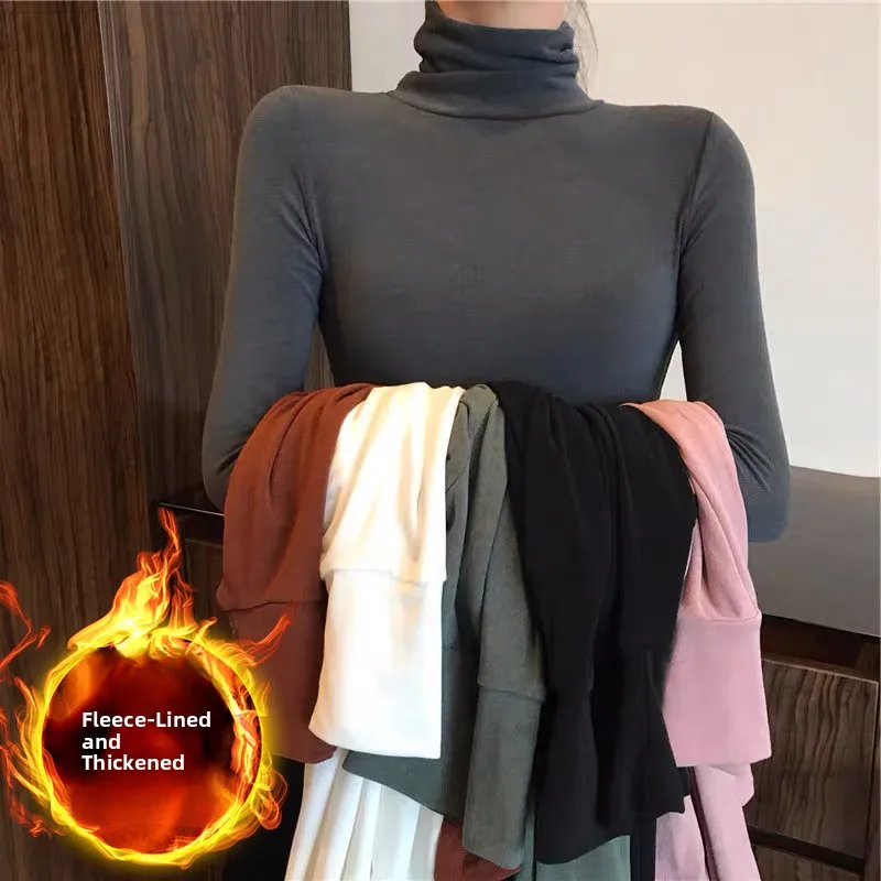 

Women's High Collar Fce Lined Thiened Long Sve T-irt Inner Wear Pure Color White Top for Autumn Winter Commute Sle