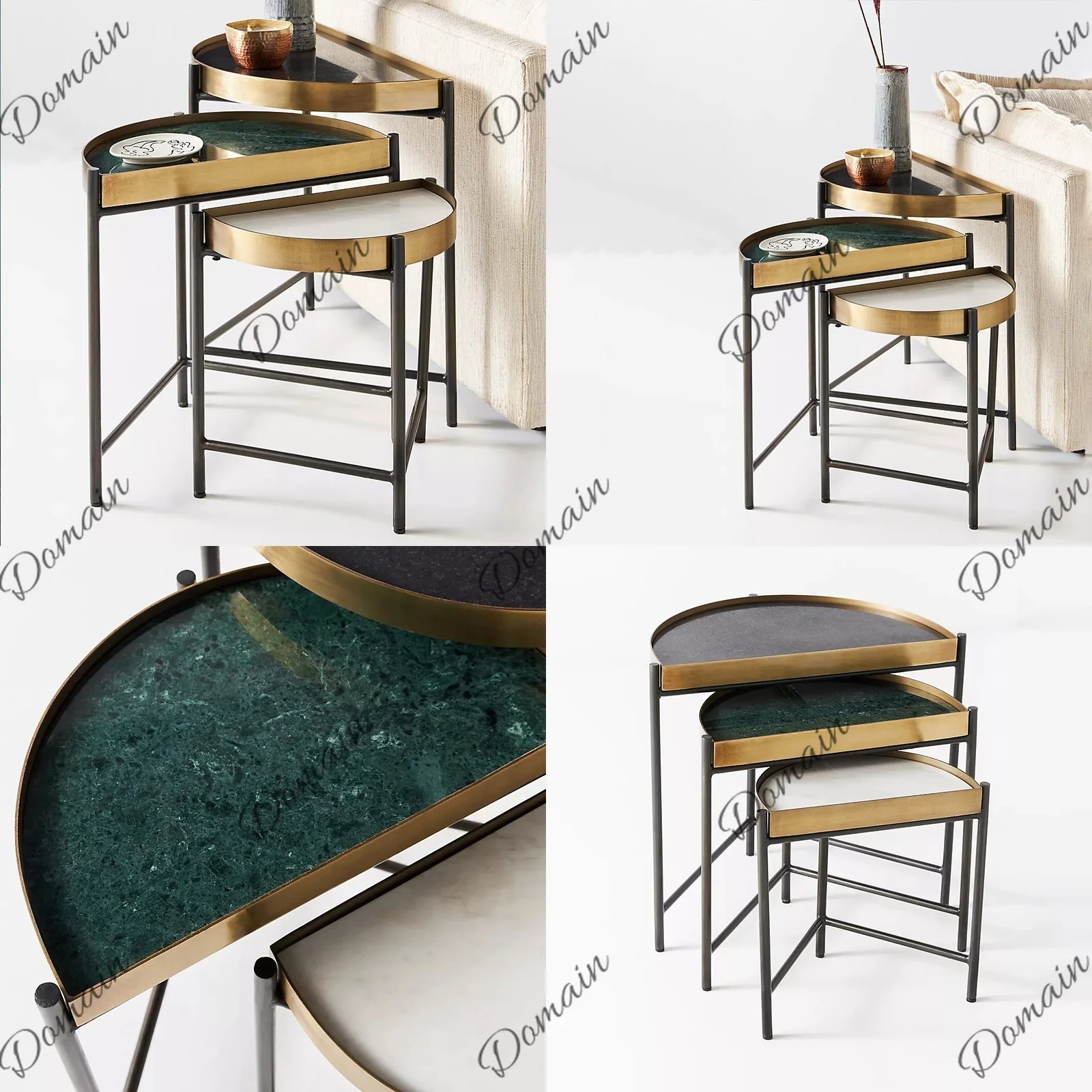 Modern Marble Nesting Side Tables Set of 2, Stainless Steel Metal Semi-Circle End Table for Living Room Sofa