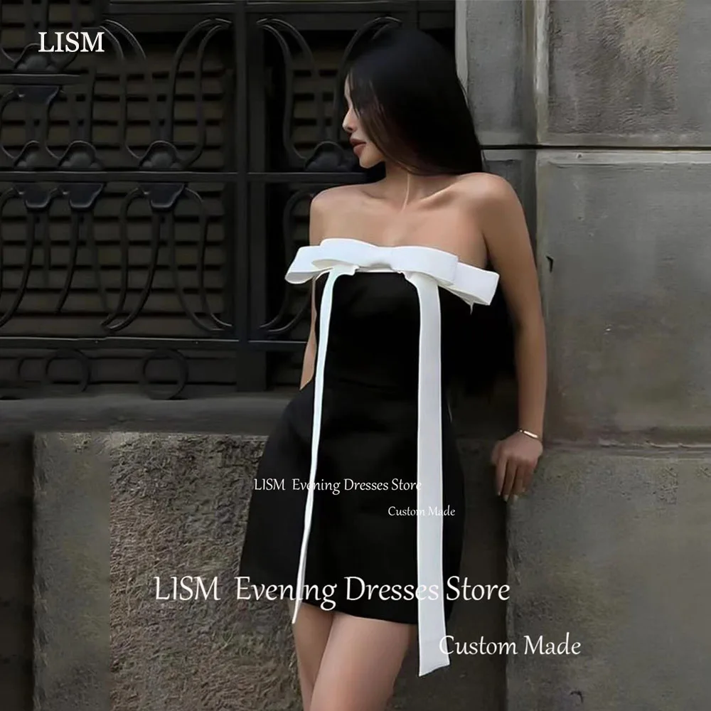 

LISM Black White Short Wedding Reception Dresses Sleeveless Mini Bridal Gown Sheath Korea Photo Shoot Bow Dresses Custom Made