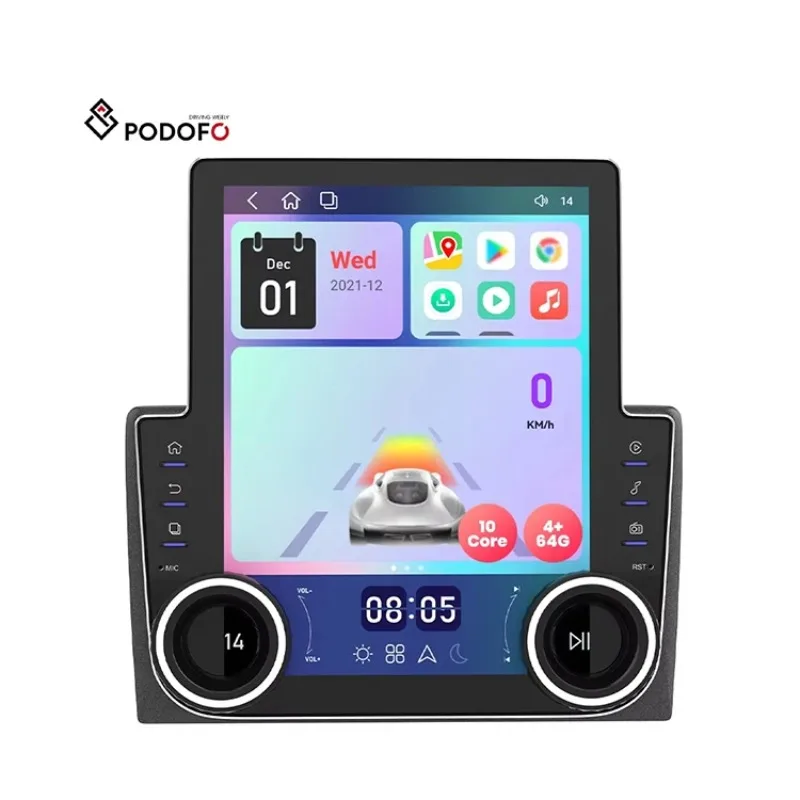 Podofo 9.7'' 10 Core 4+64G Car Radio Stereo Double Knob QLED Carplay Android Auto GPS Wifi & 4G  BT5.0 FM/RDS ASP Car Radio