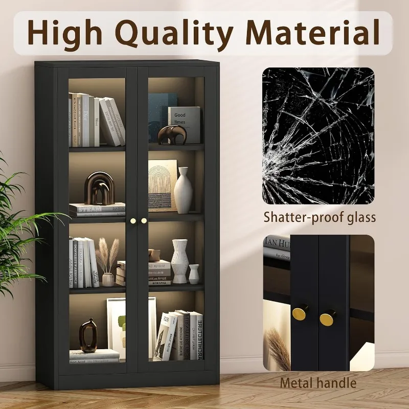 63'' Display Cabinet, Glass Display Cabinet with LED Light Curio Cabinet with Glass Doors Collectibles Large Capacity (Black)