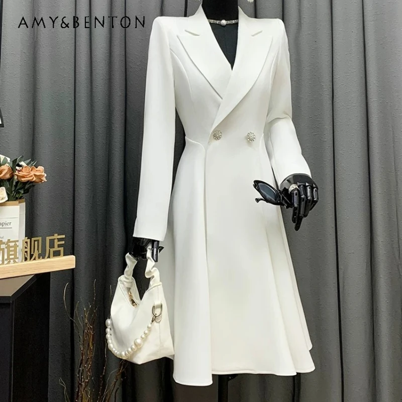 

2026 Spring Autumn New Mid-length A-Line Hem High Waist White Women's Jacket Fashionable Simple Temperament Slimming Suit Ladies