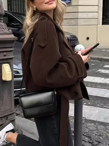 

Ele Double-Breasted Woolen Coat Autumn Winter New Sle Turn-down Collar Loose Suit Collar Jaet Ladies Faion Trend