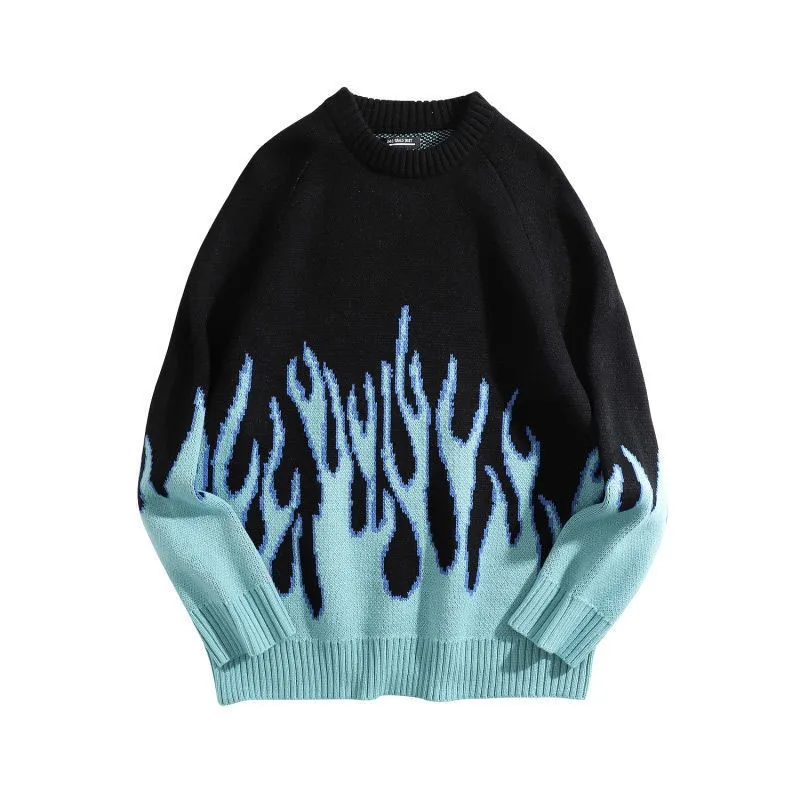 2024 New Sweater Female Hip-hop Style Flame Jacquard Women's Sweater Traf Couple Pullover Knit Top Loose Men's Sweater