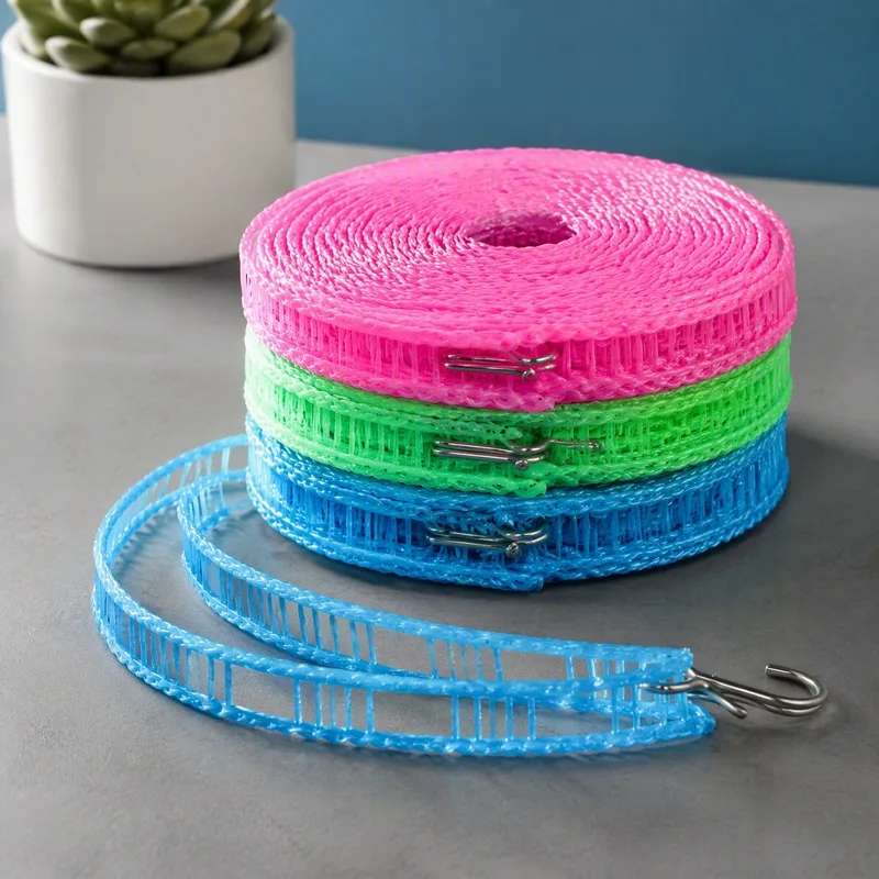 3M Anti‑Slip Grid Clothesline, Heavy Load‑Bearing Laundry Rope with Hooks, Anti‑Sag Drying Rope for Outdoor Travel Balcony Use