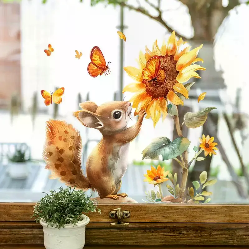 Rustic Animal Print Wall Decal Watercolor Squirrel And Sunflower Design For Glass Windows