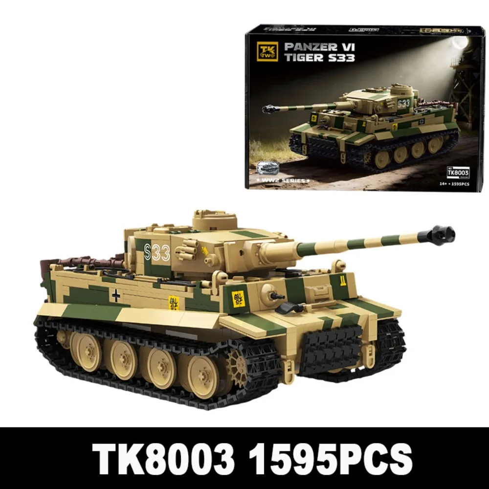 

TK8003 1595 Pcs WW2 Army Tiger Tank Model Building Blocks DIY Military Vehicle Bricks Creative Hobby Collection Toys Adults