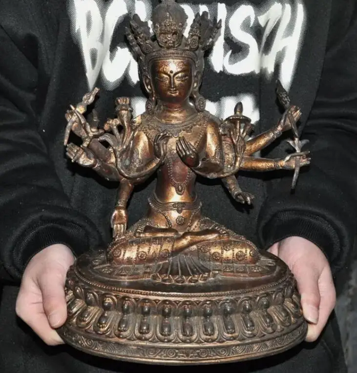 12.4'' Tibet bronze gilt 3 Head 8 Arms Namgyalma & Ushnishavijaya Buddha Statue