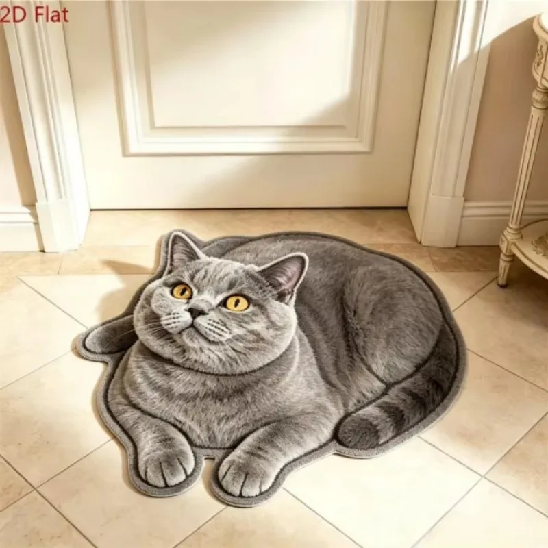 VIKAMA Cute British Shorthair Blue Cat Rug, Absorbent and Non-Slip Entryway Mat, Bedroom Bedside Rug, Home Decor