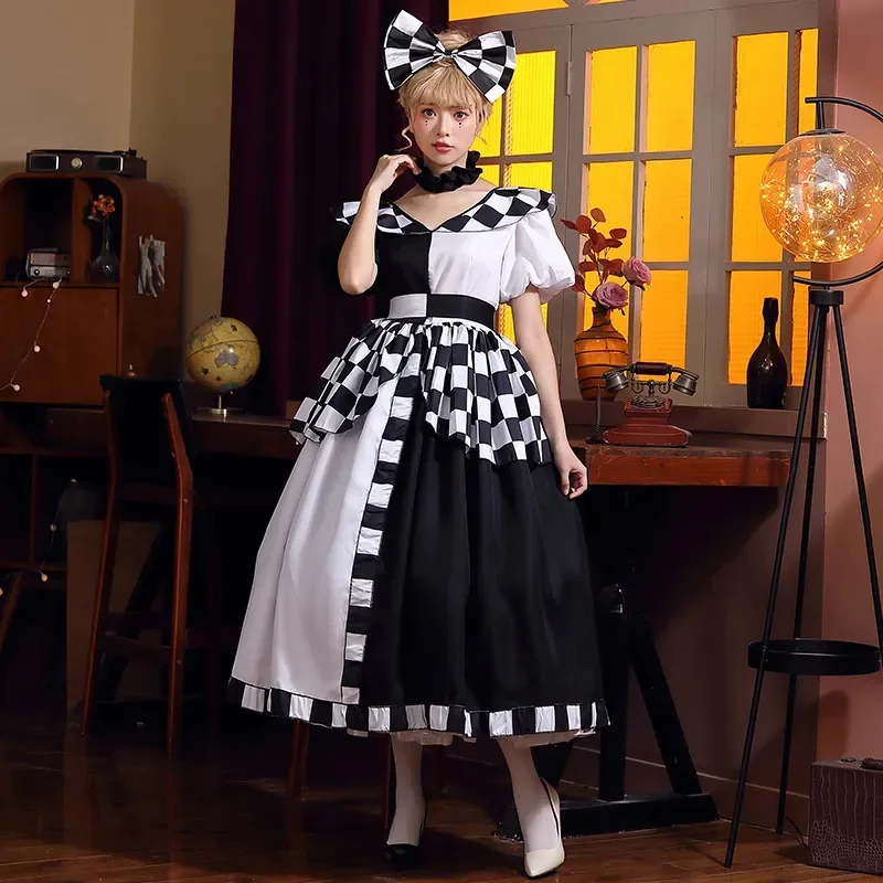 Black White Chessboard Queen Cosplay Costume Queen Dress Checkered Pattern Puff Short Sleeve Big Swing Dress