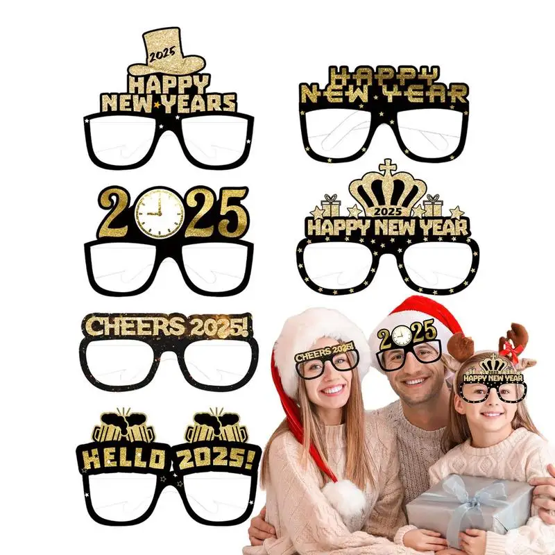 Set Of 6 Happy New Year Paper Glasses 2025 Eyeglasses Frame Photo Booth Props New Year's Eve Party Decoration Christmas Supplies