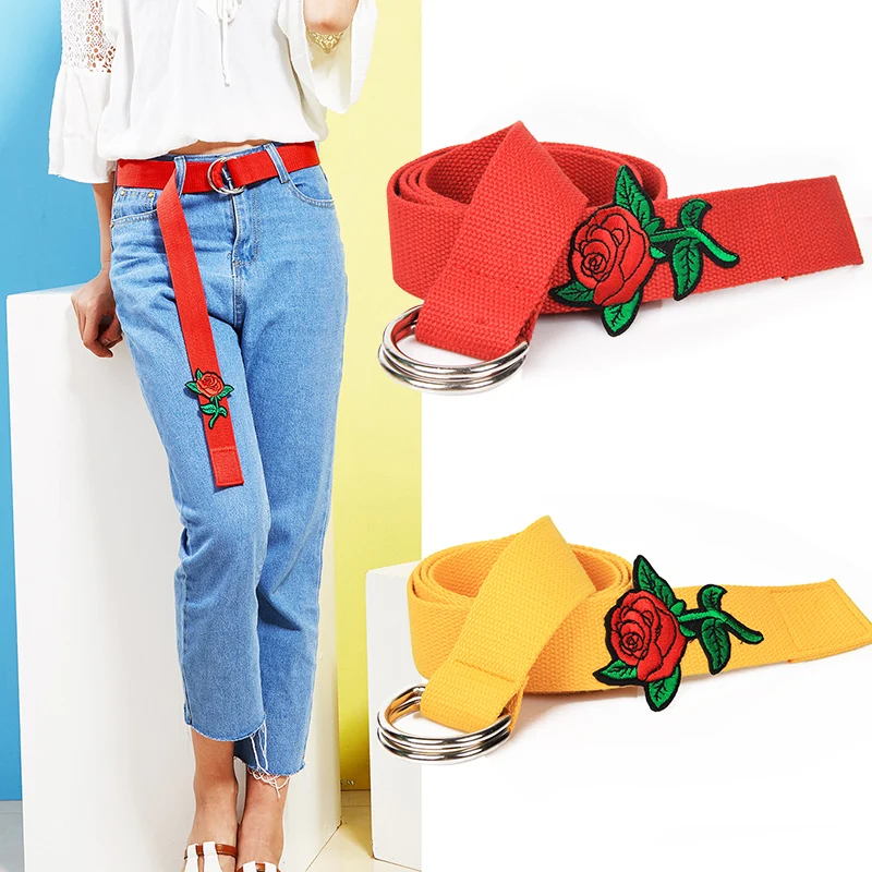 Fashion Simple Stripe Canvas Long Belts for Women Embroidery Rose Flower  Jeans Waist Belt Girls Students Rivet Style Strape