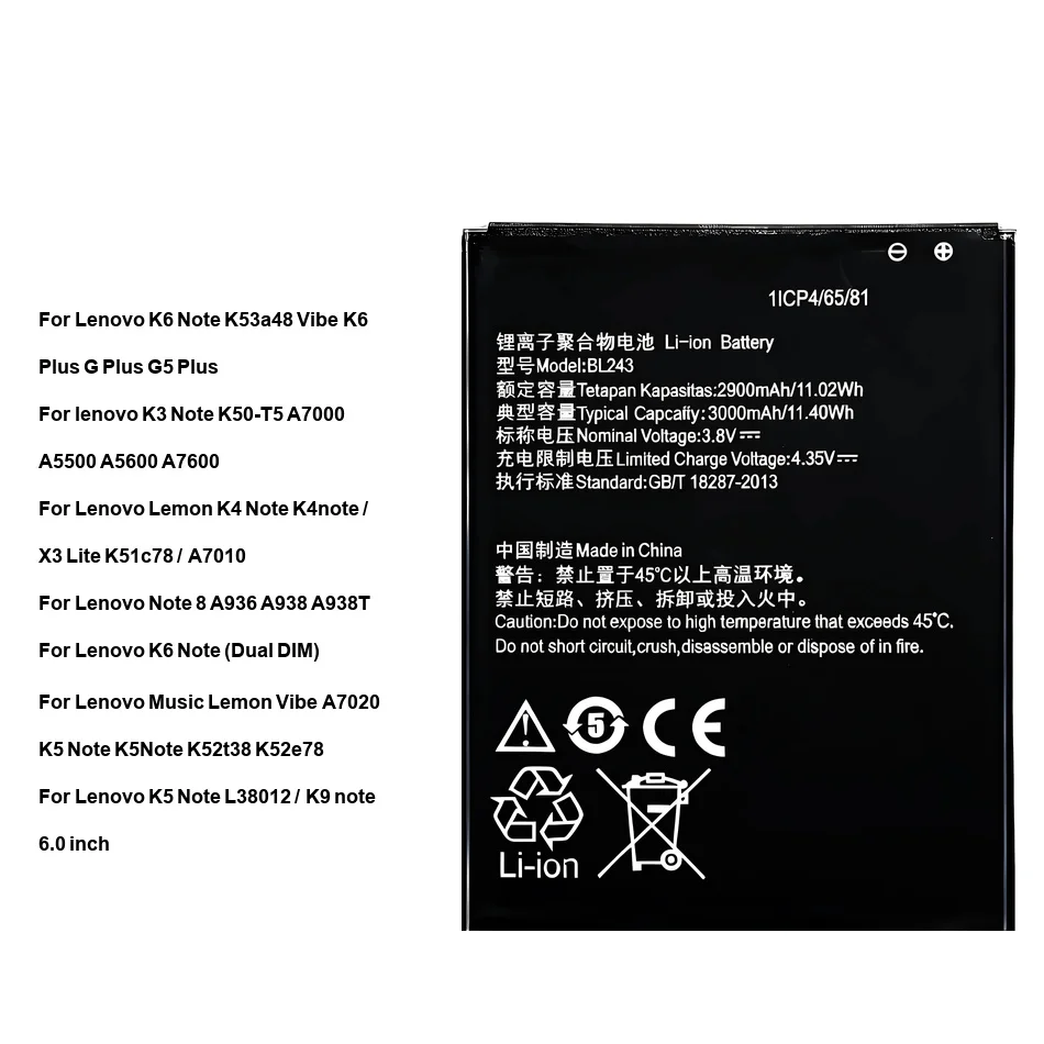 Аккумулятор BL243 BL240 BL261 для Lenovo K3 K5, Lemon K6 Note Dual K50-T5 k53a48 L38012, Lemon X3 6.0 8 Plus Lite 3000-4000 мАч