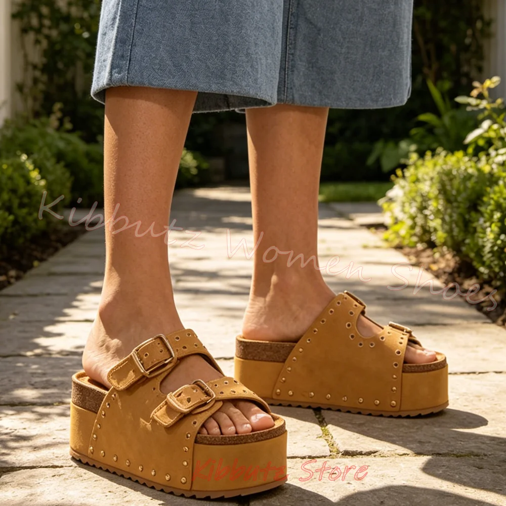 Women Platform Slipper Double Buckle Straps Peep Toe Cork Sole Summer Beach Slip-On Sandals Comfortable Sole Suede Rivet Fashion