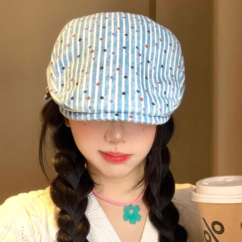

Ins Color Polka Dot Printing Contrasting Color Striped Berets for Women Summer Autumn Fashion Versatile Retro Painter Hats Men
