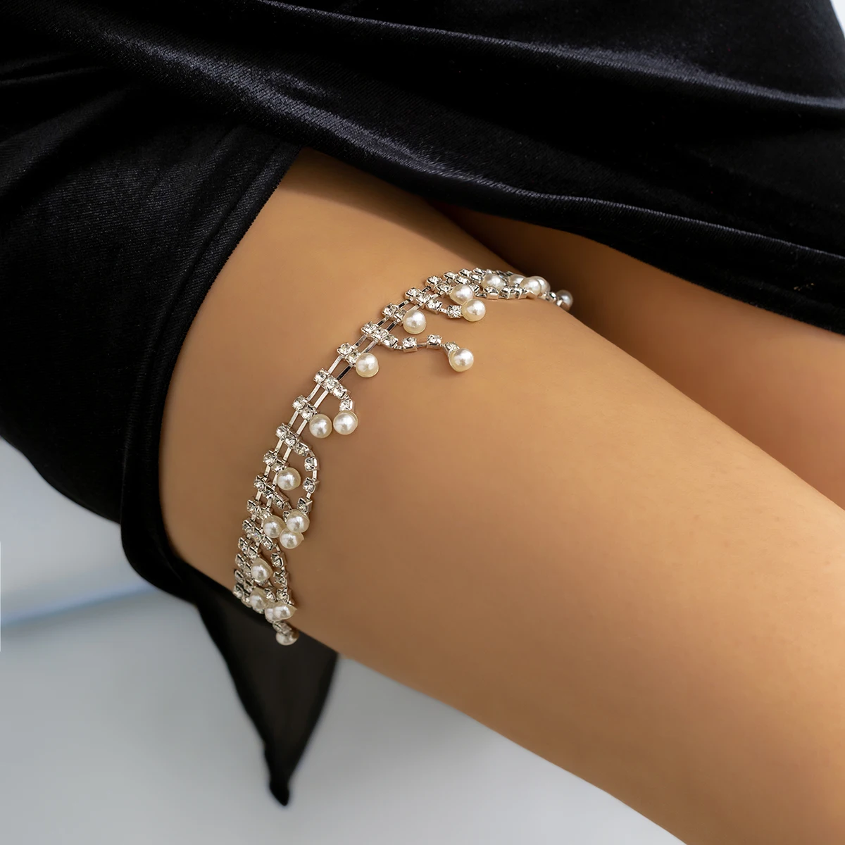 IngeSight.Z Sexy Full Rhinestones Imitation Pearl Tassel Leg Thigh Chain for Women Simple Adjustable Elastic Band Body Chain