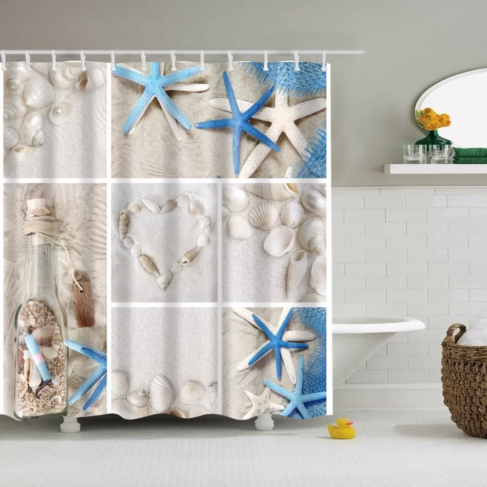 Seaside Scenic Beach Shells Shower Curtains Starfish Conch Blue Board Palm Trees Sunset Nature Scenery Bathroom Curtain Decor