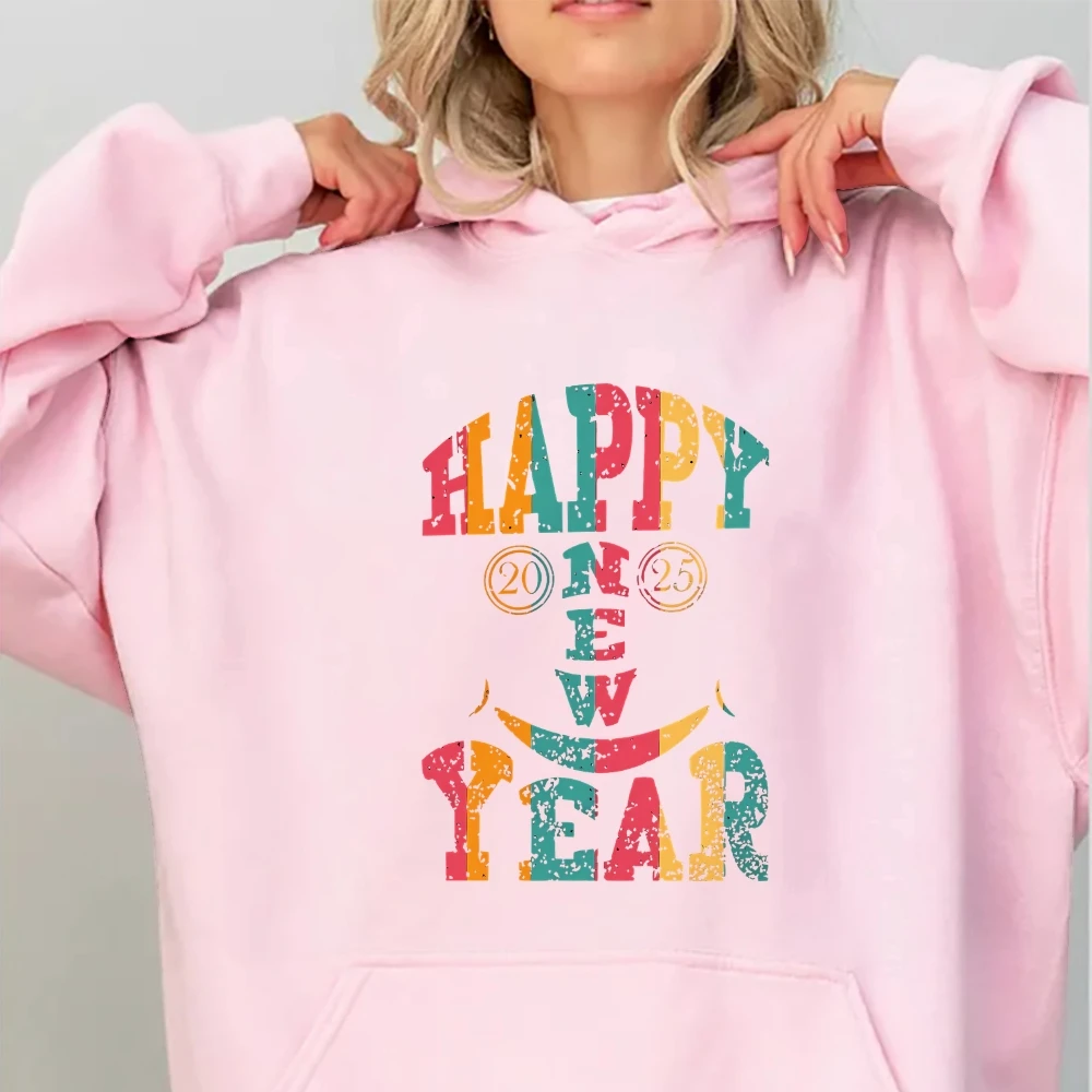 Y2K Happy New Year 2025 Letter Printing Pullover Shirt Top For Women American Vintage Round Neck Clothes High Street Sportwear