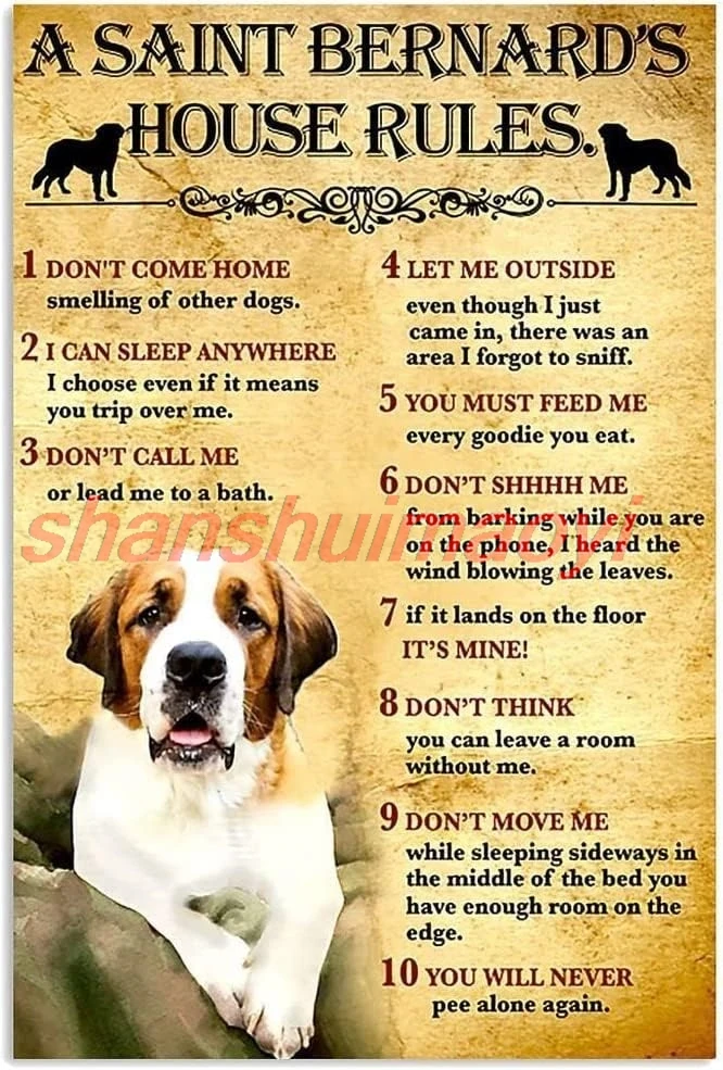 shan Aluminum Sign Metal Poster Plaque Saint Bernard House Rules Metal Sign Iron Painting Retro Wall Decor Nostalgic Wall 1pc