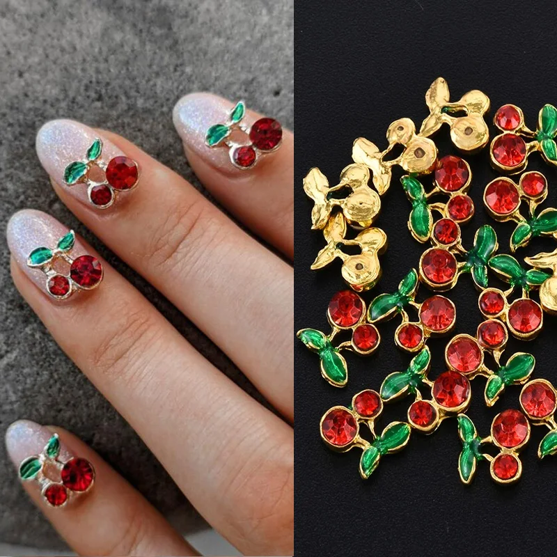 20Pcs Red Pink Metal Cherry Nail Charms 3D Shiny Fruit Cherry Rhinestones Luxury Nails Gems Jewelry For Nail Art Decoration