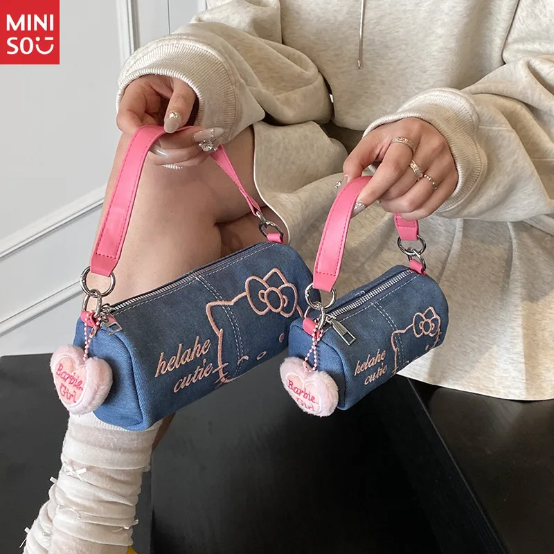 Miniso Cylinder Denim Hello Kitty Bag, Embroidered Tote for Work & Casual Use