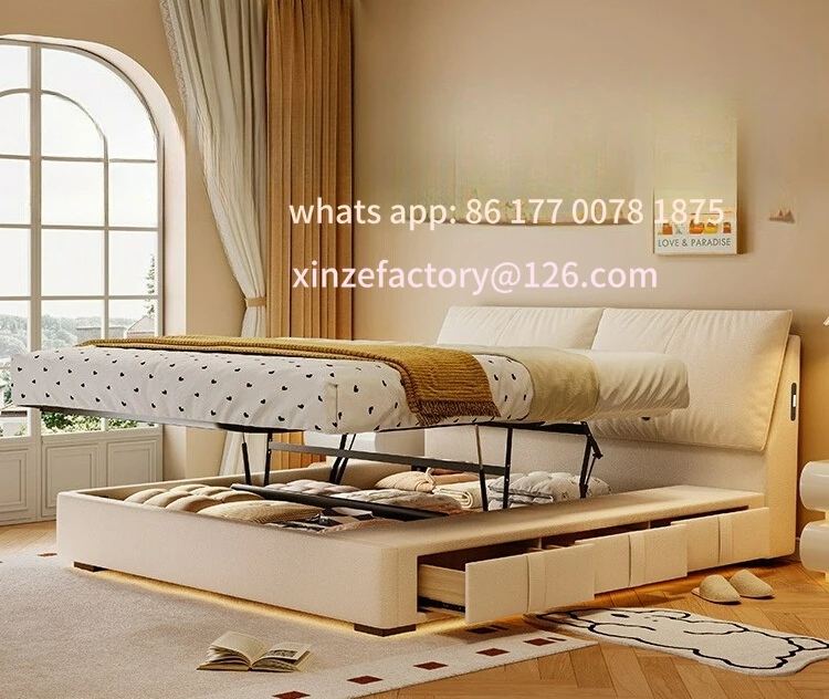 سرير قماشي للتخزين عبرية قابل للتخصيص، حقيبة ناعمة للرياح، غرفة نوم رئيسية مزدوجة مع درج تخزين، خزانة عالية