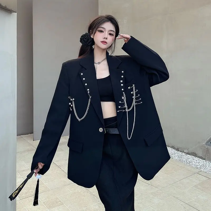 Черные пиджаки с цепочкой, пиджак, женское пальто, весна-осень, новый свободный повседневный костюм с подкладкой на плечах