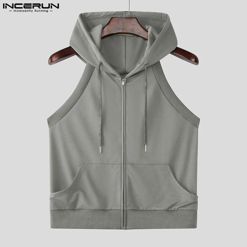 INCERUN Tops Korean Style New Men Sports Elastic Zipper Vests Male Casual Streetwear Gym Hooded Sleeveless Solid Tank Tops S-5XL - Image 5