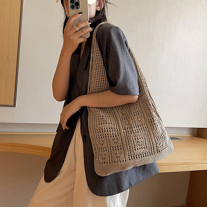 Fashion Hollow Design Woven Shoulder Bag Knitted Large Capacity Handbag Summer Travel Tote Casual Beach Bag For Women