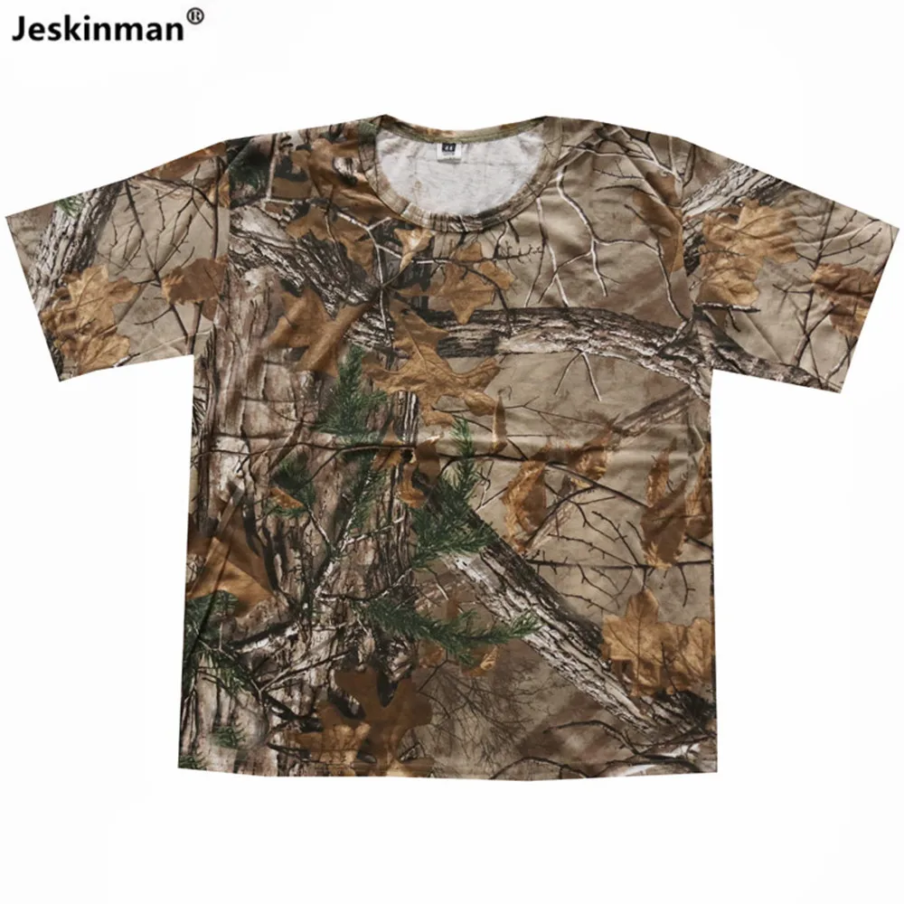 Summer Full Cotton Short Sleeve Pine Tree Dead Leaf Camouflage Hunting Fishing T-Shirt Jungle Bird-Watching Photography Shirts